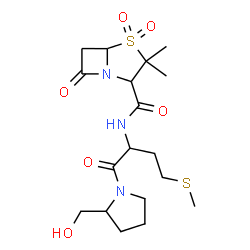 ChemSpider 2D Image | N-{1-[2-(Hydroxymethyl)-1-pyrrolidinyl]-4-(methylsulfanyl)-1-oxo-2-butanyl}-3,3-dimethyl-7-oxo-4-thia-1-azabicyclo[3.2.0]heptane-2-carboxamide 4,4-dioxide | C18H29N3O6S2