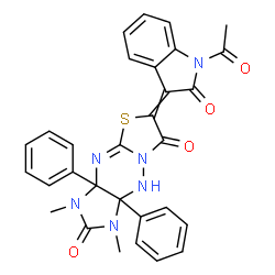 ChemSpider 2D Image | 6-(1-Acetyl-2-oxo-1,2-dihydro-3H-indol-3-ylidene)-1,3-dimethyl-3a,9a-diphenyl-3,3a,9,9a-tetrahydroimidazo[4,5-e][1,3]thiazolo[3,2-b][1,2,4]triazine-2,7(1H,6H)-dione | C30H24N6O4S