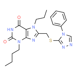 ChemSpider 2D Image | 3-Butyl-8-{[(4-phenyl-4H-1,2,4-triazol-3-yl)sulfanyl]methyl}-7-propyl-3,7-dihydro-1H-purine-2,6-dione | C21H25N7O2S