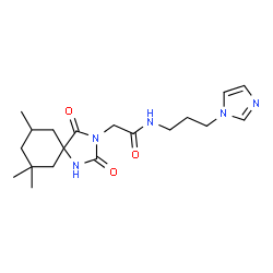 ChemSpider 2D Image | N-[3-(1H-Imidazol-1-yl)propyl]-2-(7,7,9-trimethyl-2,4-dioxo-1,3-diazaspiro[4.5]dec-3-yl)acetamide | C19H29N5O3