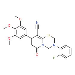 ChemSpider 2D Image | 3-(2-Fluorophenyl)-6-oxo-8-(3,4,5-trimethoxyphenyl)-3,4,7,8-tetrahydro-2H,6H-pyrido[2,1-b][1,3,5]thiadiazine-9-carbonitrile | C23H22FN3O4S