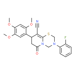 ChemSpider 2D Image | 3-(2-Fluorophenyl)-6-oxo-8-(2,4,5-trimethoxyphenyl)-3,4,7,8-tetrahydro-2H,6H-pyrido[2,1-b][1,3,5]thiadiazine-9-carbonitrile | C23H22FN3O4S