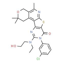 ChemSpider 2D Image | 9-(3-Chloro-phenyl)-10-[ethyl-(2-hydroxy-ethyl)-amino]-2,2,5-trimethyl-1,4-dihydro-2H,9H-3-oxa-7-thia-6,9,11-triaza-benzo[c]fluoren-8-one | C25H27ClN4O3S