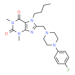 ChemSpider 2D Image | 7-Butyl-8-{[4-(4-fluorophenyl)-1-piperazinyl]methyl}-1,3-dimethyl-3,7-dihydro-1H-purine-2,6-dione | C22H29FN6O2
