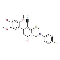 ChemSpider 2D Image | 3-(4-Fluorophenyl)-6-oxo-8-(2,4,5-trimethoxyphenyl)-3,4,7,8-tetrahydro-2H,6H-pyrido[2,1-b][1,3,5]thiadiazine-9-carbonitrile | C23H22FN3O4S
