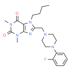 ChemSpider 2D Image | 7-Butyl-8-{[4-(2-fluorophenyl)-1-piperazinyl]methyl}-1,3-dimethyl-3,7-dihydro-1H-purine-2,6-dione | C22H29FN6O2