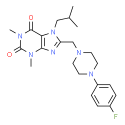 ChemSpider 2D Image | 8-{[4-(4-Fluorophenyl)-1-piperazinyl]methyl}-7-isobutyl-1,3-dimethyl-3,7-dihydro-1H-purine-2,6-dione | C22H29FN6O2
