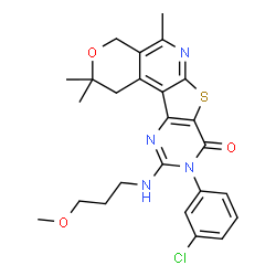 ChemSpider 2D Image | 9-(3-Chlorophenyl)-10-[(3-methoxypropyl)amino]-2,2,5-trimethyl-1,4-dihydro-2H-pyrano[4'',3'':4',5']pyrido[3',2':4,5]thieno[3,2-d]pyrimidin-8(9H)-one | C25H27ClN4O3S