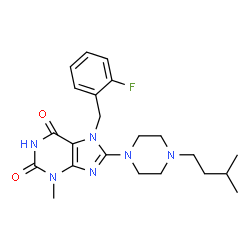 ChemSpider 2D Image | 7-(2-Fluorobenzyl)-3-methyl-8-[4-(3-methylbutyl)-1-piperazinyl]-3,7-dihydro-1H-purine-2,6-dione | C22H29FN6O2
