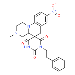 ChemSpider 2D Image | 3-Methyl-8-nitro-1'-(2-phenylethyl)-2,3,4,4a-tetrahydro-1H,2'H,6H-spiro[pyrazino[1,2-a]quinoline-5,5'-pyrimidine]-2',4',6'(1'H,3'H)-trione | C24H25N5O5