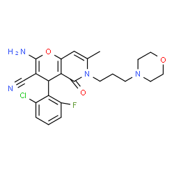 ChemSpider 2D Image | 2-Amino-4-(2-chloro-6-fluorophenyl)-7-methyl-6-[3-(4-morpholinyl)propyl]-5-oxo-5,6-dihydro-4H-pyrano[3,2-c]pyridine-3-carbonitrile | C23H24ClFN4O3