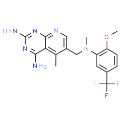 ChemSpider 2D Image | 6-({[2-Methoxy-5-(trifluoromethyl)phenyl](methyl)amino}methyl)-5-methylpyrido[2,3-d]pyrimidine-2,4-diamine | C18H19F3N6O
