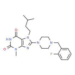 ChemSpider 2D Image | 8-[4-(2-Fluorobenzyl)-1-piperazinyl]-3-methyl-7-(3-methylbutyl)-3,7-dihydro-1H-purine-2,6-dione | C22H29FN6O2