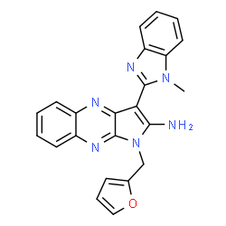 ChemSpider 2D Image | 1-(2-Furylmethyl)-3-(1-methyl-1H-benzimidazol-2-yl)-1H-pyrrolo[2,3-b]quinoxalin-2-amine | C23H18N6O