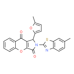 ChemSpider 2D Image | 2-(6-Methyl-1,3-benzothiazol-2-yl)-1-(5-methyl-2-furyl)-1,2-dihydrochromeno[2,3-c]pyrrole-3,9-dione | C24H16N2O4S