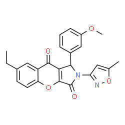 ChemSpider 2D Image | 7-Ethyl-1-(3-methoxyphenyl)-2-(5-methyl-1,2-oxazol-3-yl)-1,2-dihydrochromeno[2,3-c]pyrrole-3,9-dione | C24H20N2O5