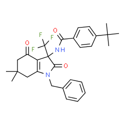ChemSpider 2D Image | N-[1-Benzyl-6,6-dimethyl-2,4-dioxo-3-(trifluoromethyl)-2,3,4,5,6,7-hexahydro-1H-indol-3-yl]-4-(2-methyl-2-propanyl)benzamide | C29H31F3N2O3