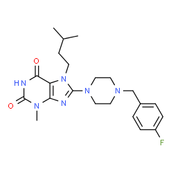 ChemSpider 2D Image | 8-[4-(4-Fluorobenzyl)-1-piperazinyl]-3-methyl-7-(3-methylbutyl)-3,7-dihydro-1H-purine-2,6-dione | C22H29FN6O2