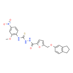 ChemSpider 2D Image | 2-{5-[(2,3-Dihydro-1H-inden-5-yloxy)methyl]-2-furoyl}-N-(2-methoxy-4-nitrophenyl)hydrazinecarbothioamide | C23H22N4O6S