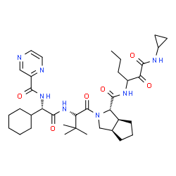 ChemSpider 2D Image | (1S,3aR,6aS)-2-[(2R)-2-({(2S)-2-Cyclohexyl-2-[(2-pyrazinylcarbonyl)amino]acetyl}amino)-3,3-dimethylbutanoyl]-N-[1-(cyclopropylamino)-1,2-dioxo-3-hexanyl]octahydrocyclopenta[c]pyrrole-1-carboxamide (no
n-preferred name) | C36H53N7O6