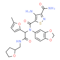 ChemSpider 2D Image | 4-Amino-N~5~-(1,3-benzodioxol-5-yl)-N~5~-{1-(5-methyl-2-furyl)-2-oxo-2-[(tetrahydro-2-furanylmethyl)amino]ethyl}-1,2-thiazole-3,5-dicarboxamide | C24H25N5O7S