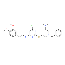 ChemSpider 2D Image | N-Benzyl-2-[(4-chloro-6-{[2-(3,4-dimethoxyphenyl)ethyl](methyl)amino}-2-pyrimidinyl)sulfanyl]-N-[2-(dimethylamino)ethyl]acetamide | C28H36ClN5O3S