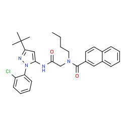 ChemSpider 2D Image | N-Butyl-N-(2-{[1-(2-chlorophenyl)-3-(2-methyl-2-propanyl)-1H-pyrazol-5-yl]amino}-2-oxoethyl)-2-naphthamide | C30H33ClN4O2