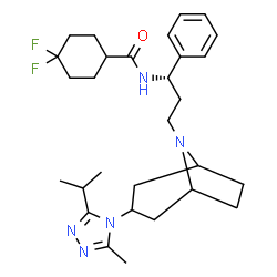 ChemSpider 2D Image | 4,4-Difluoro-N-{(1S)-3-[3-(3-isopropyl-5-methyl-4H-1,2,4-triazol-4-yl)-8-azabicyclo[3.2.1]oct-8-yl]-1-phenylpropyl}cyclohexanecarboxamide | C29H41F2N5O