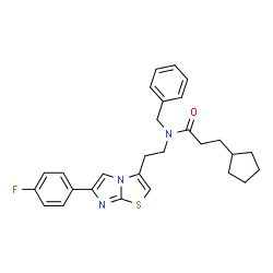 ChemSpider 2D Image | N-Benzyl-3-cyclopentyl-N-{2-[6-(4-fluorophenyl)imidazo[2,1-b][1,3]thiazol-3-yl]ethyl}propanamide | C28H30FN3OS