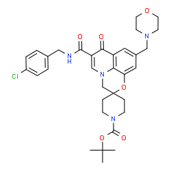 ChemSpider 2D Image | 2-Methyl-2-propanyl 6-[(4-chlorobenzyl)carbamoyl]-9-(4-morpholinylmethyl)-7-oxo-1'H,7H-spiro[1,4-oxazino[2,3,4-ij]quinoline-2,4'-piperidine]-1'-carboxylate | C33H39ClN4O6