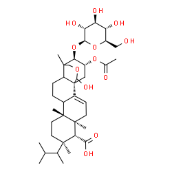 ChemSpider 2D Image | (1R,5S,6R,7R,10R,20R,21R)-20-Acetoxy-21-(beta-D-glucopyranosyloxy)-18-hydroxy-5,7,10,15-tetramethyl-7-(3-methyl-2-butanyl)-17-oxapentacyclo[13.3.3.0~1,14~.0~2,11~.0~5,10~]henicos-2-ene-6-carboxylic ac
id | C38H60O12