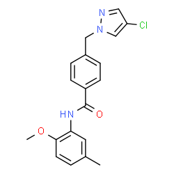 ChemSpider 2D Image | 4-[(4-Chloro-1H-pyrazol-1-yl)methyl]-N-(2-methoxy-5-methylphenyl)benzamide | C19H18ClN3O2