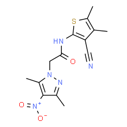 ChemSpider 2D Image | N-(3-Cyano-4,5-dimethyl-2-thienyl)-2-(3,5-dimethyl-4-nitro-1H-pyrazol-1-yl)acetamide | C14H15N5O3S