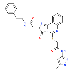 ChemSpider 2D Image | 2-[5-({2-[(5-Methyl-1H-pyrazol-3-yl)amino]-2-oxoethyl}sulfanyl)-3-oxo-2,3-dihydroimidazo[1,2-c]quinazolin-2-yl]-N-(2-phenylethyl)acetamide | C26H25N7O3S