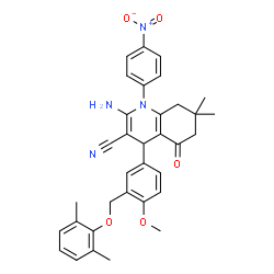 ChemSpider 2D Image | 2-Amino-4-{3-[(2,6-dimethylphenoxy)methyl]-4-methoxyphenyl}-7,7-dimethyl-1-(4-nitrophenyl)-5-oxo-1,4,5,6,7,8-hexahydro-3-quinolinecarbonitrile | C34H34N4O5