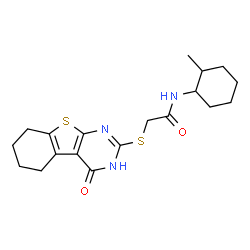 ChemSpider 2D Image | N-(2-Methylcyclohexyl)-2-[(4-oxo-3,4,5,6,7,8-hexahydro[1]benzothieno[2,3-d]pyrimidin-2-yl)sulfanyl]acetamide | C19H25N3O2S2