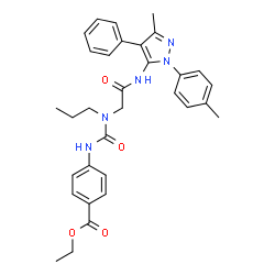 ChemSpider 2D Image | Ethyl 4-{[(2-{[3-methyl-1-(4-methylphenyl)-4-phenyl-1H-pyrazol-5-yl]amino}-2-oxoethyl)(propyl)carbamoyl]amino}benzoate | C32H35N5O4