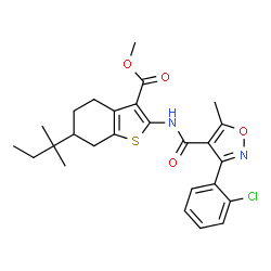 ChemSpider 2D Image | Methyl 2-({[3-(2-chlorophenyl)-5-methyl-1,2-oxazol-4-yl]carbonyl}amino)-6-(2-methyl-2-butanyl)-4,5,6,7-tetrahydro-1-benzothiophene-3-carboxylate | C26H29ClN2O4S