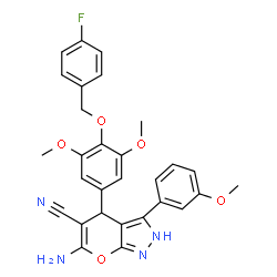 ChemSpider 2D Image | 6-Amino-4-{4-[(4-fluorobenzyl)oxy]-3,5-dimethoxyphenyl}-3-(3-methoxyphenyl)-2,4-dihydropyrano[2,3-c]pyrazole-5-carbonitrile | C29H25FN4O5
