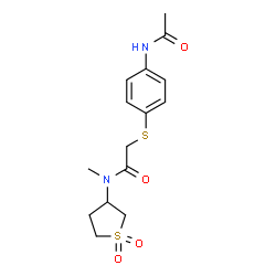 ChemSpider 2D Image | 2-[(4-Acetamidophenyl)sulfanyl]-N-(1,1-dioxidotetrahydro-3-thiophenyl)-N-methylacetamide | C15H20N2O4S2