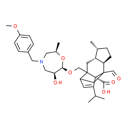 ChemSpider 2D Image | (1R,4R,5R,8R)-9-Formyl-2-({[(2R,6S,7R)-6-hydroxy-4-(4-methoxybenzyl)-2-methyl-1,4-oxazepan-7-yl]oxy}methyl)-13-isopropyl-5-methyltetracyclo[7.4.0.0~2,11~.0~4,8~]tridec-12-ene-1-carboxylic acid | C34H47NO7