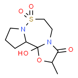 ChemSpider 2D Image | 11b-Hydroxy-2-methylhexahydro-9H-[1,3]oxazolo[2,3-d]pyrrolo[1,2-b][1,2,5]thiadiazepin-3(2H)-one 7,7-dioxide | C10H16N2O5S