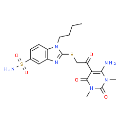 ChemSpider 2D Image | 2-{[2-(6-Amino-1,3-dimethyl-2,4-dioxo-1,2,3,4-tetrahydro-5-pyrimidinyl)-2-oxoethyl]sulfanyl}-1-butyl-1H-benzimidazole-5-sulfonamide | C19H24N6O5S2