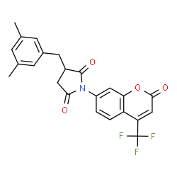 ChemSpider 2D Image | 3-(3,5-Dimethylbenzyl)-1-[2-oxo-4-(trifluoromethyl)-2H-chromen-7-yl]-2,5-pyrrolidinedione | C23H18F3NO4