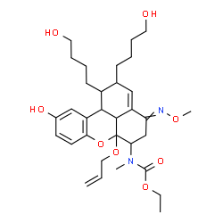 ChemSpider 2D Image | Ethyl [6a-(allyloxy)-10-hydroxy-1,2-bis(4-hydroxybutyl)-4-(methoxyimino)-1,2,4,5,6,6a,11b,11c-octahydrobenzo[kl]xanthen-6-yl]methylcarbamate | C32H46N2O8