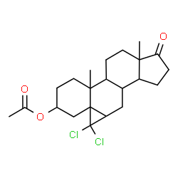 ChemSpider 2D Image | 10,10-Dichloro-3a,5b-dimethyl-3-oxohexadecahydro-1H-cyclopenta[a]cyclopropa[k]phenanthren-8-yl acetate | C22H30Cl2O3
