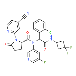 ChemSpider 2D Image | N-{1-(2-Chlorophenyl)-2-[(3,3-difluorocyclobutyl)amino]-2-oxoethyl}-1-(4-cyano-2-pyridinyl)-N-(5-fluoro-3-pyridinyl)-5-oxo-L-prolinamide | C28H22ClF3N6O3