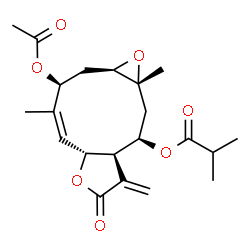 ChemSpider 2D Image | (1aR,3S,4Z,5aR,8aR,9R,10aR)-3-Acetoxy-4,10a-dimethyl-8-methylene-7-oxo-1a,2,3,5a,7,8,8a,9,10,10a-decahydrooxireno[5,6]cyclodeca[1,2-b]furan-9-yl 2-methylpropanoate | C21H28O7