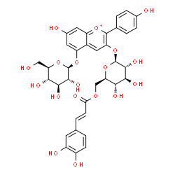 ChemSpider 2D Image | 3-({6-O-[(2E)-3-(3,4-Dihydroxyphenyl)-2-propenoyl]-beta-D-glucopyranosyl}oxy)-7-hydroxy-2-(4-hydroxyphenyl)-5-chromeniumyl beta-D-glucopyranoside | C36H37O18