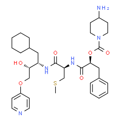 ChemSpider 2D Image | (2S)-1-{[(2R)-1-{[(2S,3R)-1-Cyclohexyl-3-hydroxy-4-(4-pyridinyloxy)-2-butanyl]amino}-3-(methylsulfanyl)-1-oxo-2-propanyl]amino}-1-oxo-3-phenyl-2-propanyl 4-amino-1-piperidinecarboxylate | C34H49N5O6S